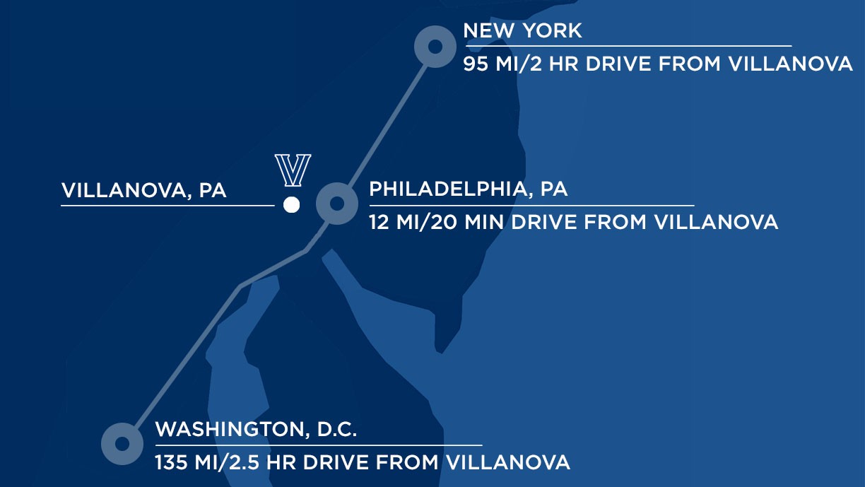 A map drawing that shows NYC is 95mi/2-hr drive to 柑橘直播, Philadelphia is 12mi/20-min drive to 柑橘直播, Washington DC is 135mi/2.5-hr drive to 柑橘直播 